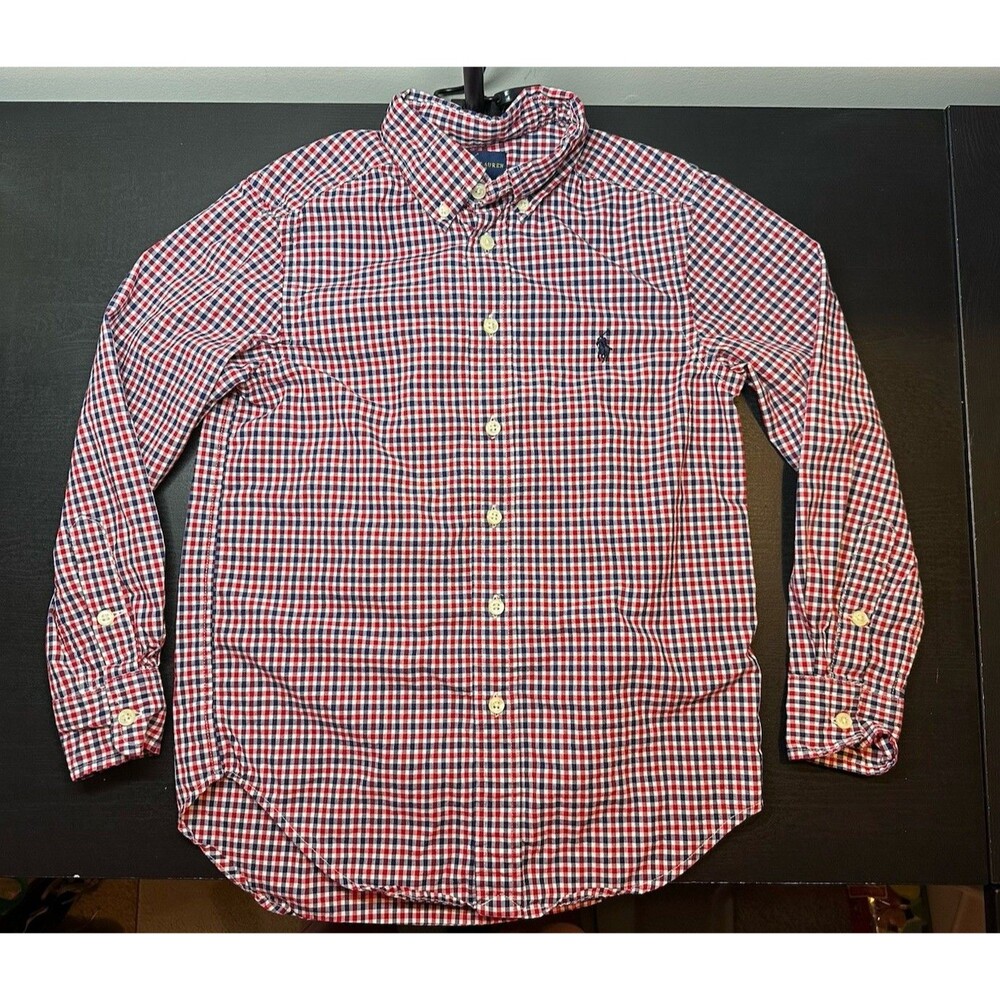 Ralph Lauren Button Down Plaid Shirt Ref Blue Boys Sz S (8) #1366